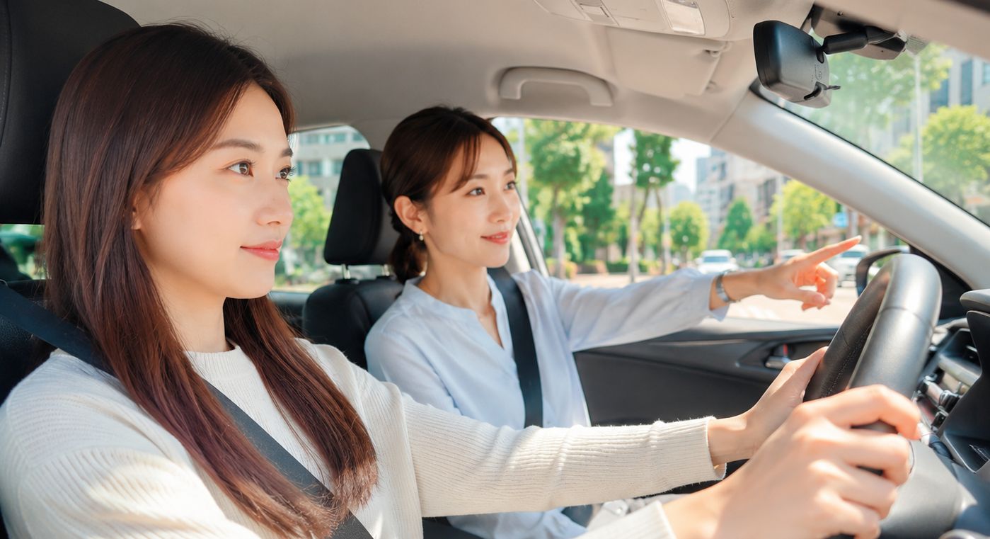 東京都でペーパードライバー講習を受ける女性と指導員の車内風景