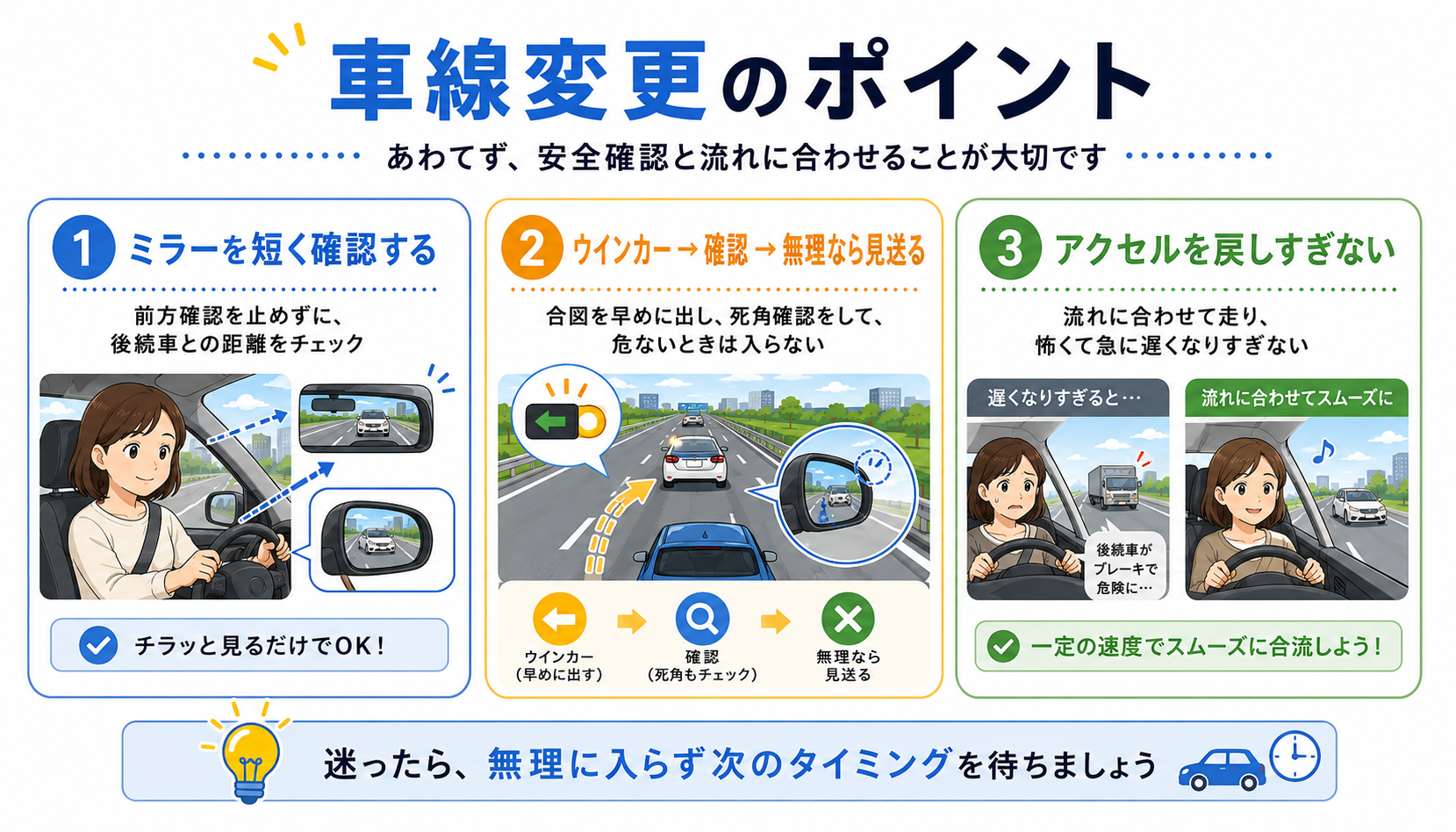 車線変更の安全確認やアクセル調整のポイントを説明するペーパードライバー向け案内画像