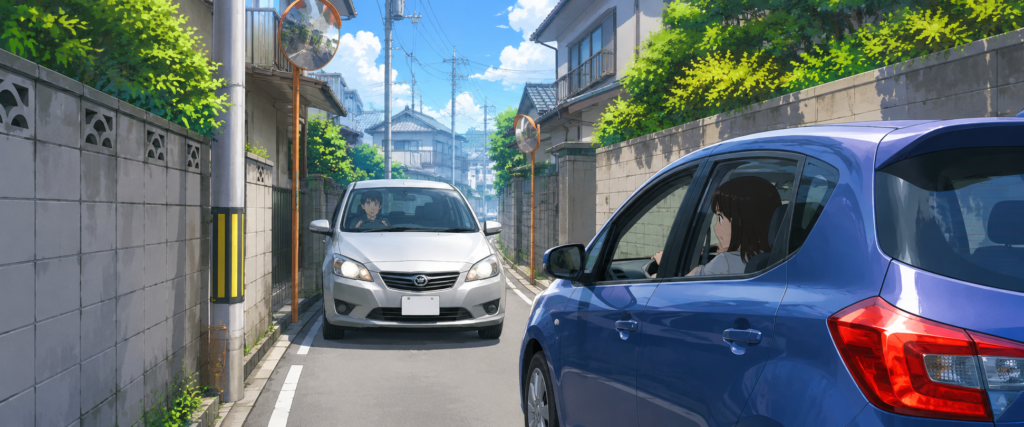 狭い道で対向車とのすれ違いに不安を感じるペーパードライバー向け講習イメージ