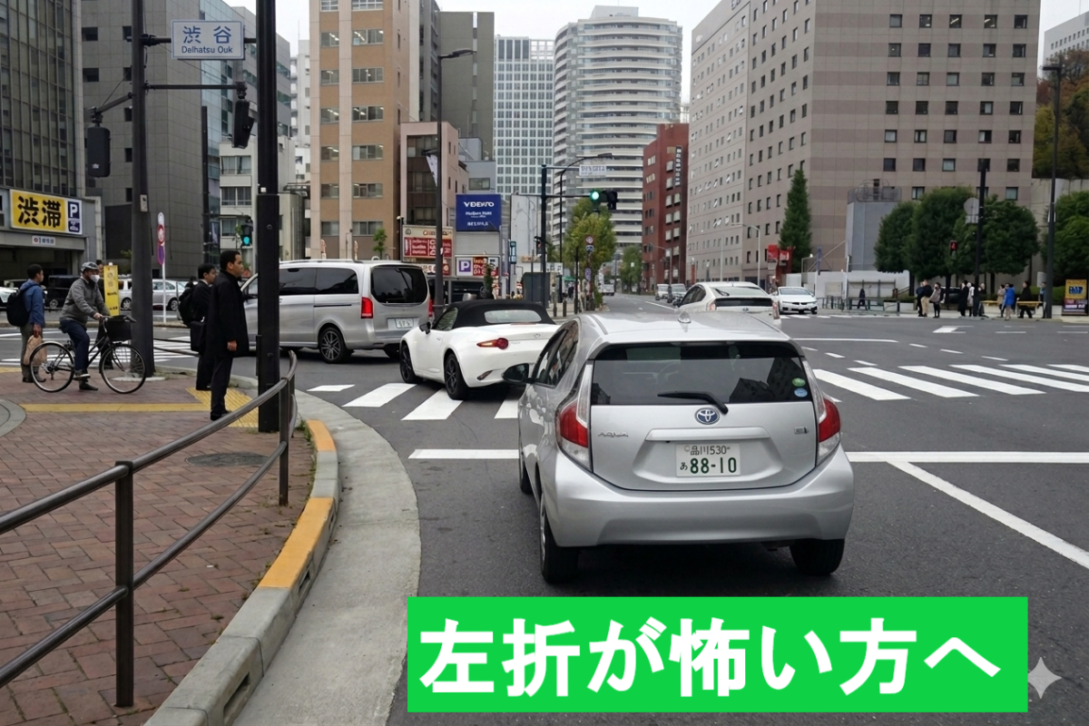 左折時の歩行者や自転車の確認に不安があるペーパードライバー向けの練習イメージ