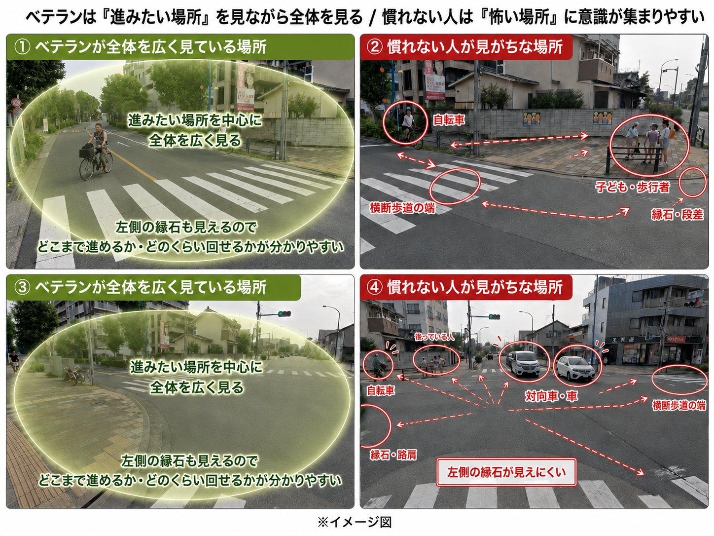 左折時にベテランが全体を広く見ている場所と慣れない人が見がちな場所の比較図