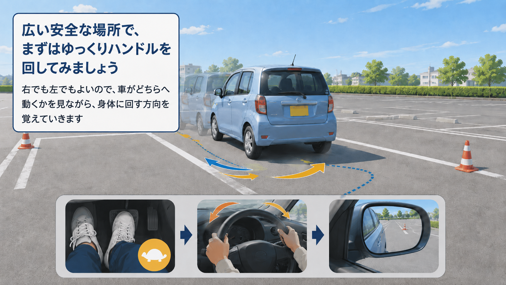 広い安全な場所でハンドルを左右に回し車の動きを身体で覚える練習図